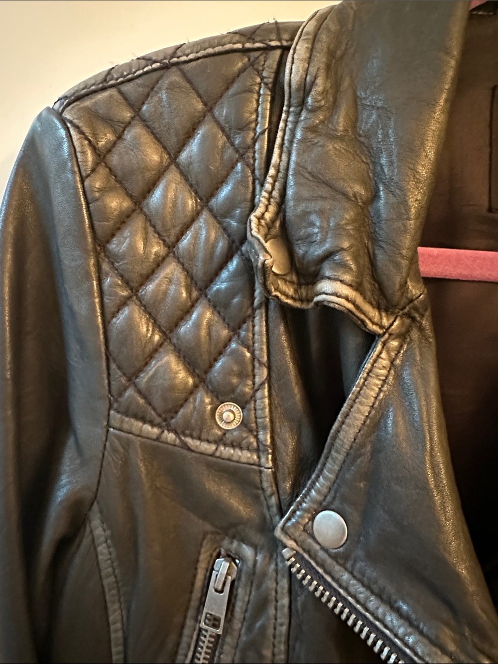 All Saints Black Quilted-Shoulder Leather Biker Jacket - Picture 4 of 4